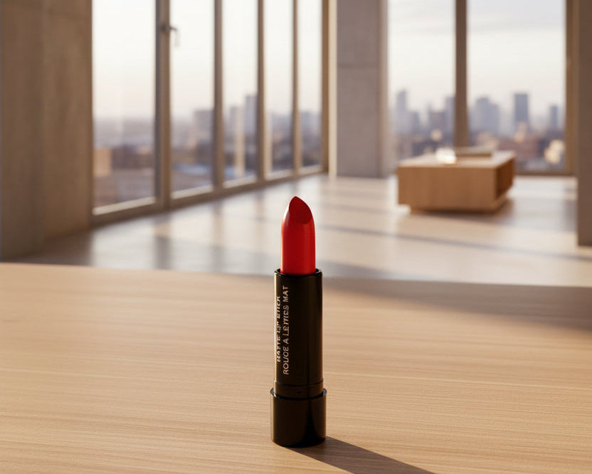 A single lipstick tube standing upright on a light wood tabletop in a modern room with large windows and a blurred city view in the background. The lipstick bullet is bright red, and the tube is black with white vertical text.